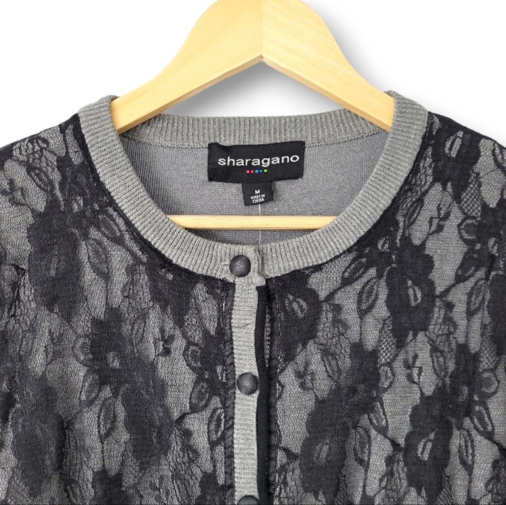 Sharagano Grey Black Lace Button Up, Long Sleeve Cardigan Sweater, M - Picture 6 of 6